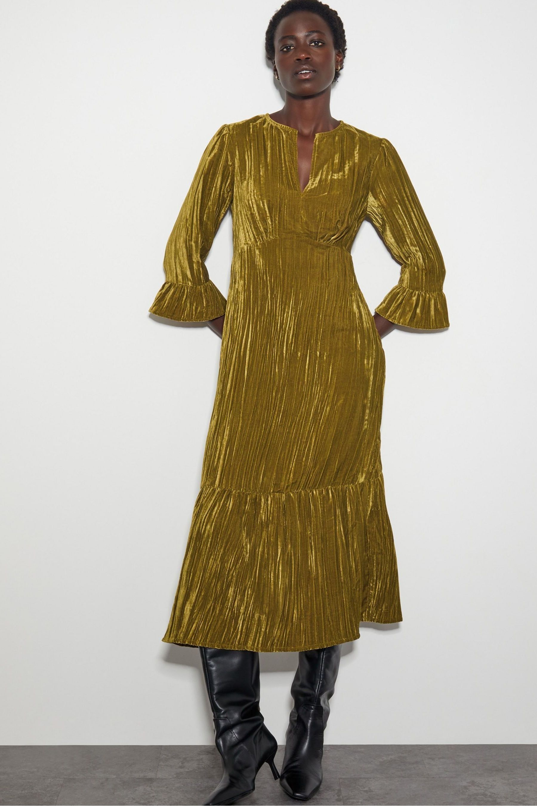 Monsoon Green Mabel V Front Crushed Velvet Midi Dress