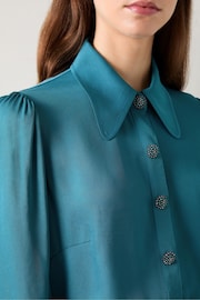 LK Bennett Green Sonya Teal Viscose Crepe Shirt With Sparkle Button - Image 4 of 5