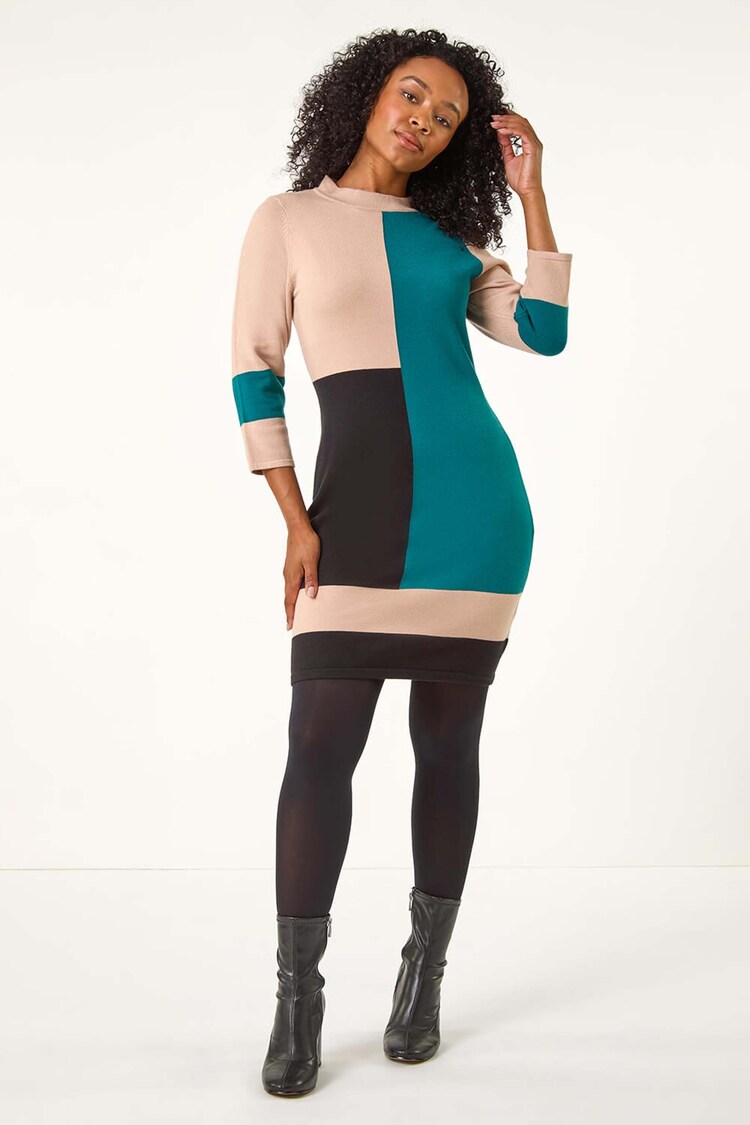 Roman Green Petite Colour Block Knit Dress - Image 2 of 5