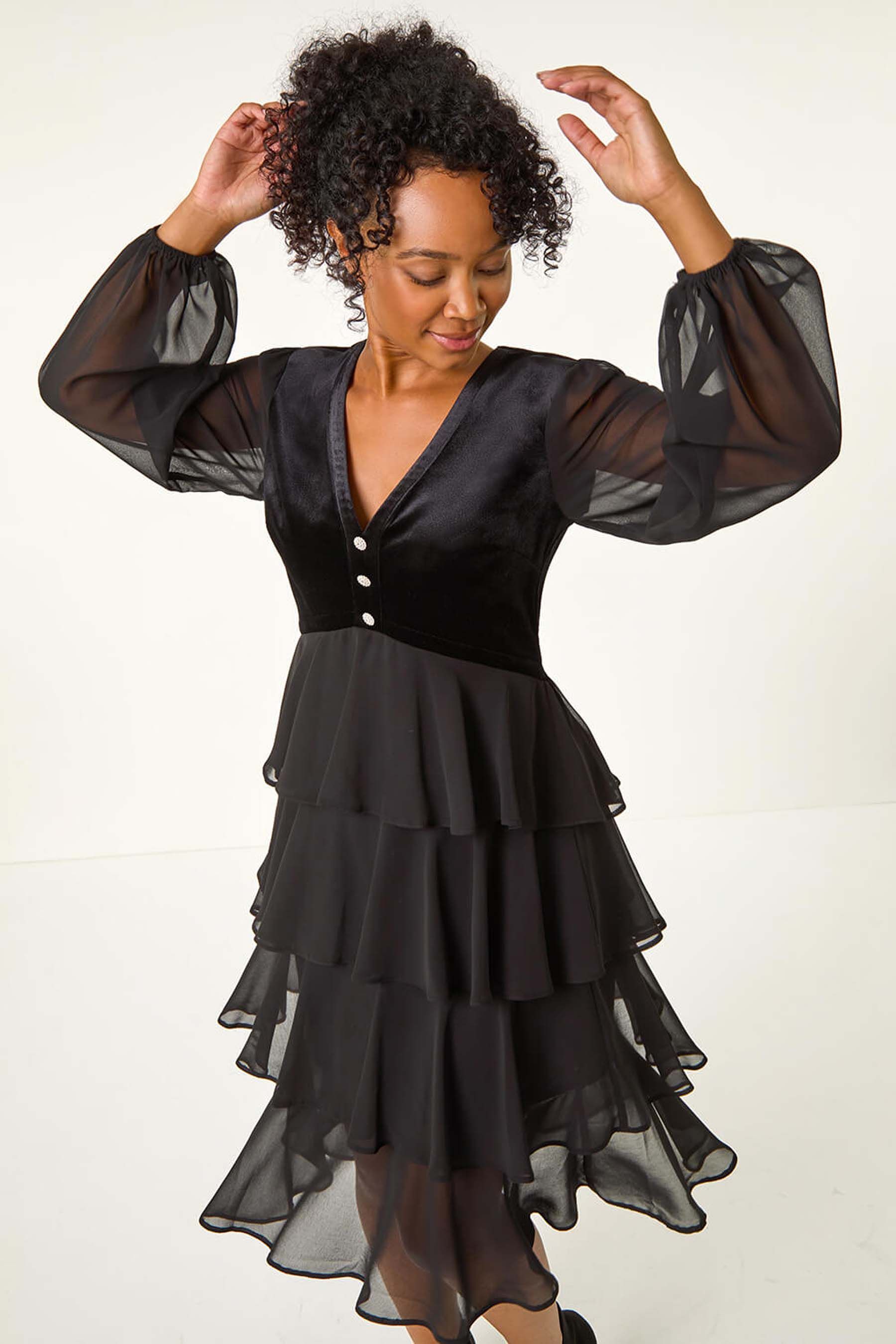 Buy Roman Black Petite Velvet Bodice Layered Dress from the Next UK online shop