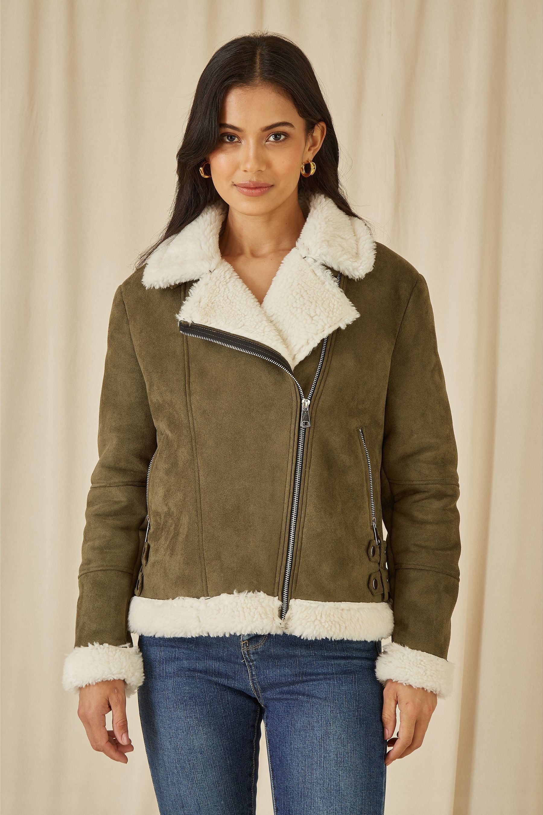 Buy Yumi Green Faux Suede And Shearling Biker Jacket from the Next UK online shop