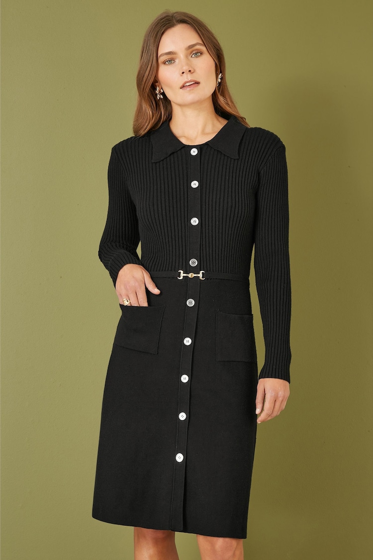 Yumi Black Rib Knit Midi Shirt Dress With Snaffle Belt - Image 1 of 5