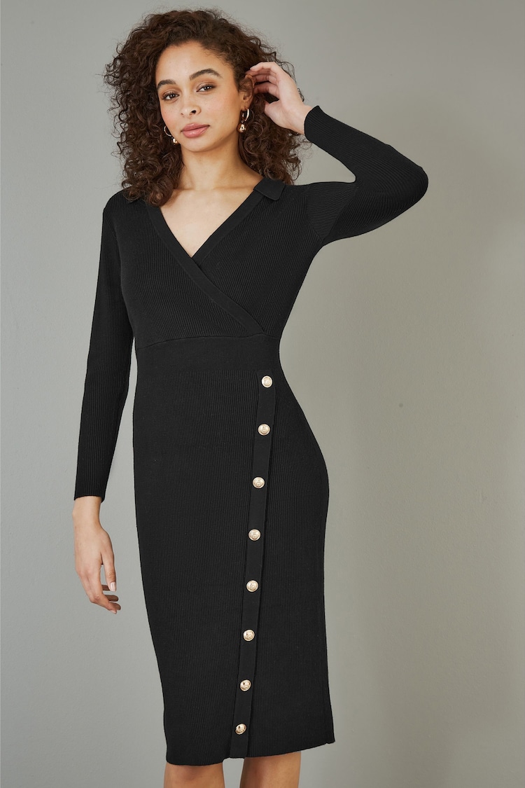 Yumi Black Knitted Midi Dress With Asymmetric Button Details - Image 2 of 5