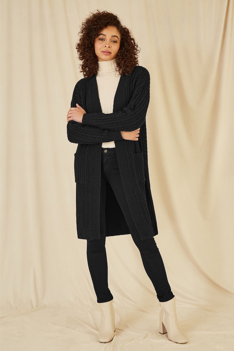 Yumi Black Cable Knit Edge to Edge Long Cardigan With Pockets - Image 2 of 4