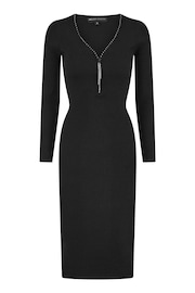 Yumi Black Rib Fitted Midi Dress With Diamante Detail Zip Neckline - Image 5 of 5