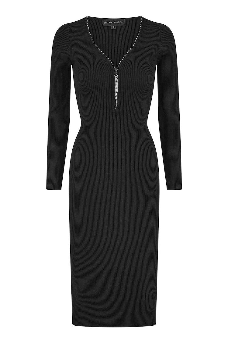 Yumi Black Rib Fitted Midi Dress With Diamante Detail Zip Neckline - Image 5 of 5