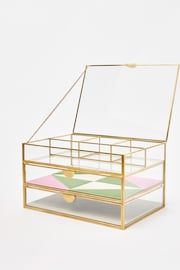 Oliver Bonas Gold Glass Quilted Velvet Tiered Jewellery Box - Image 1 of 6