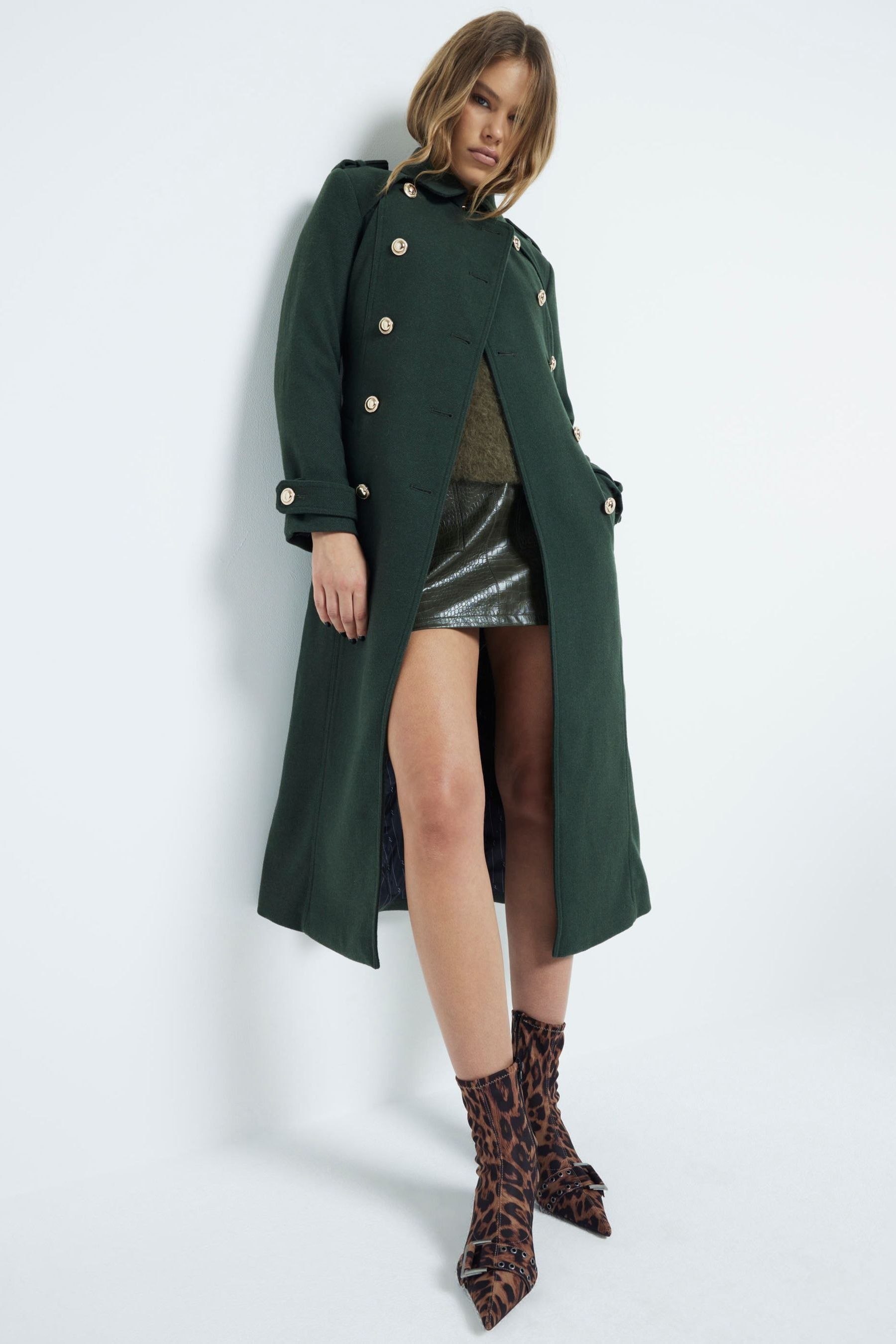 River Island Green High Neck Military Wool Trench Coat 14 Womens
