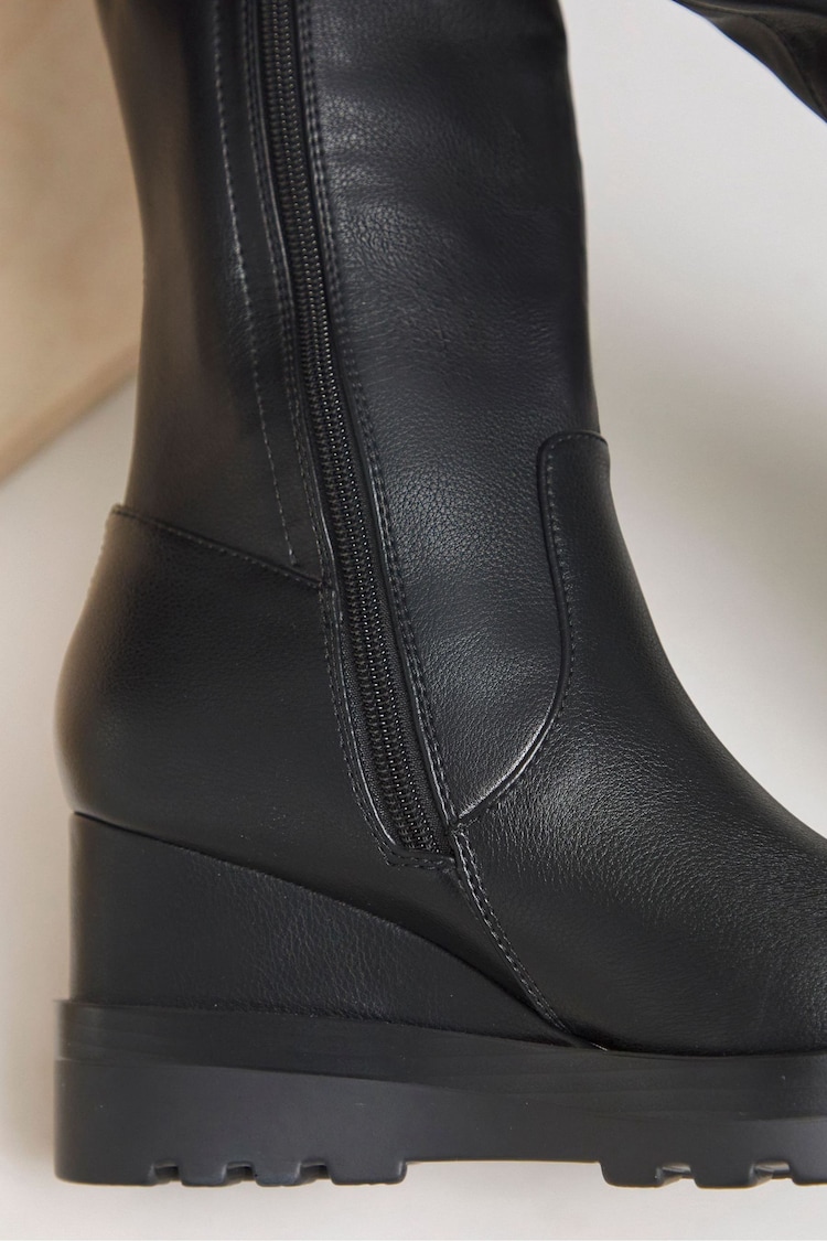 Simply Be Black Stretch Knee High Wedge Boots With Small Stud Detailing In Wide Fit - Image 4 of 4