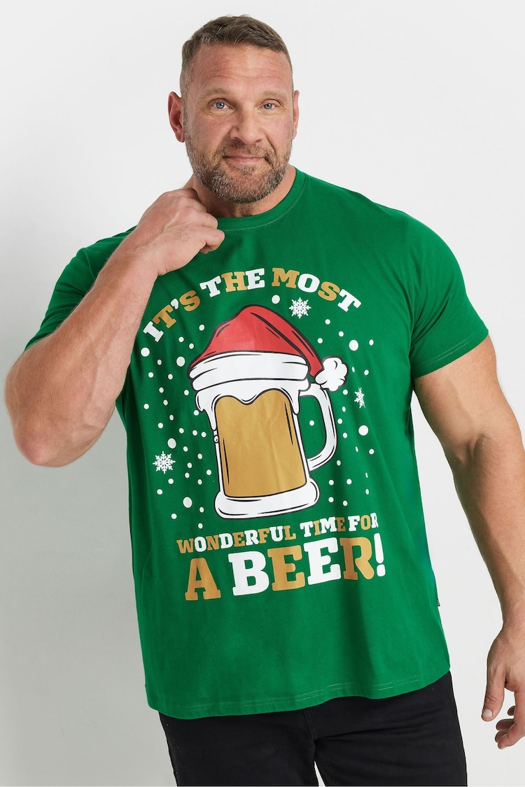 BadRhino Big & Tall Green 100% Cotton Christmas Beer T-Shirt - Image 1 of 3