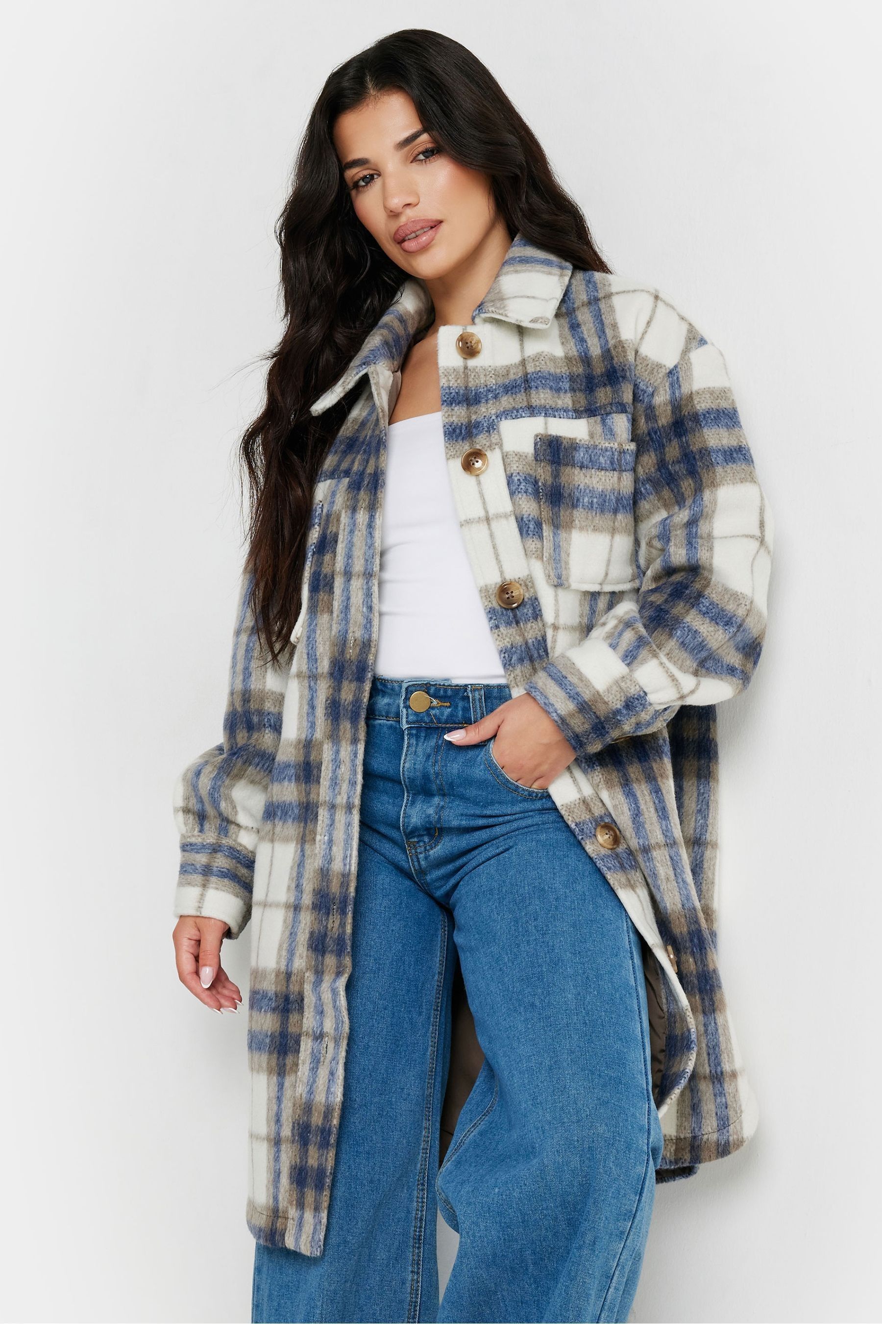 Buy PixieGirl Petite Blue Check Longline Shacket from Next Oman