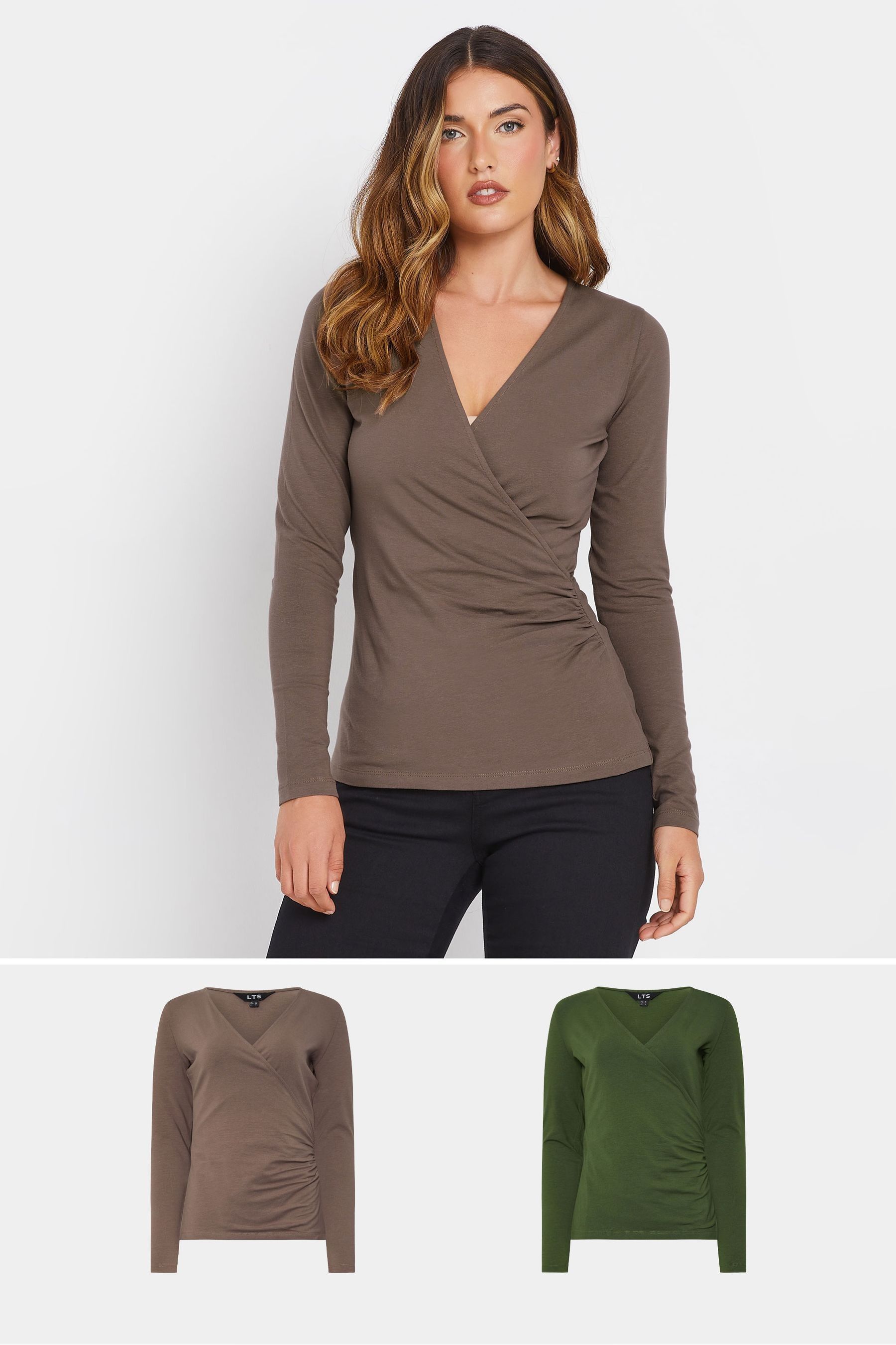 Long Tall Sally Green Brown Cotton Long Sleeve Wrap Top 2 Pack