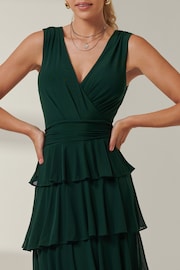 Jolie Moi Dark Green Plain Tiered Mesh Maxi Dress - Image 3 of 6