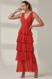 Jolie Moi Orange Plain Tiered Mesh Maxi Dress - Image 1 of 6