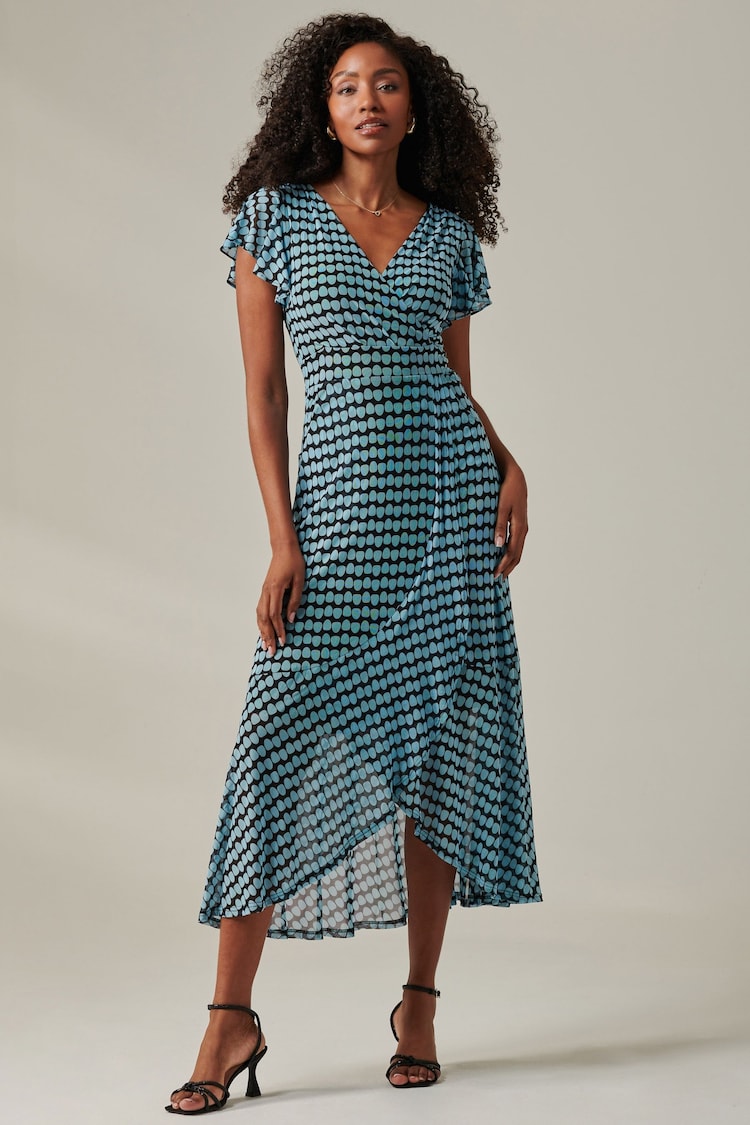 Jolie Moi Blue Geo Print Ruffle Hem Mesh Maxi Dress - Image 1 of 6