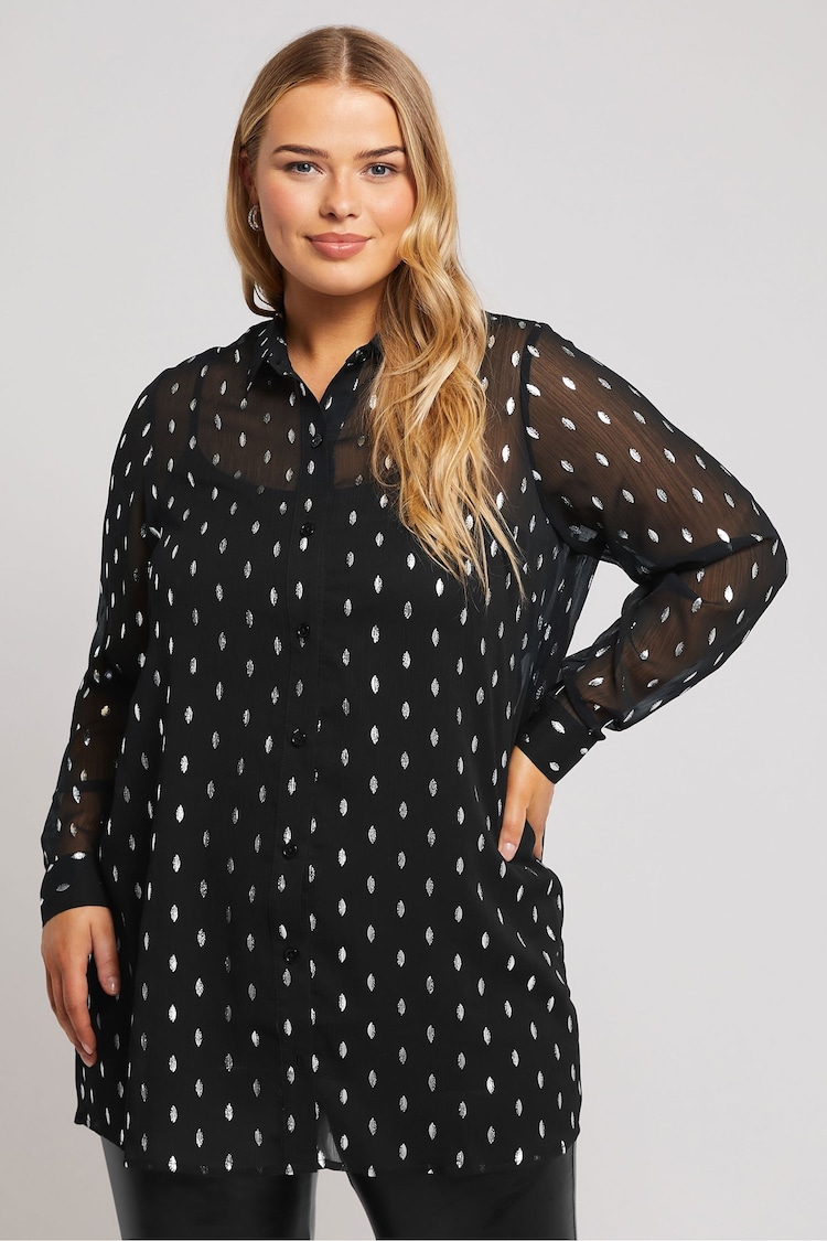 Yours Curve Black London Crinkle Foil Shirt - Image 1 of 5