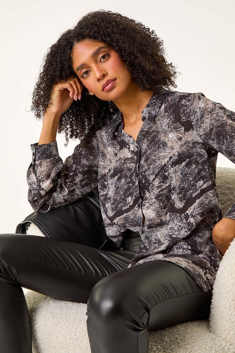 Roman Black Abstract Print Buttoned Blouse - Image 1 of 5