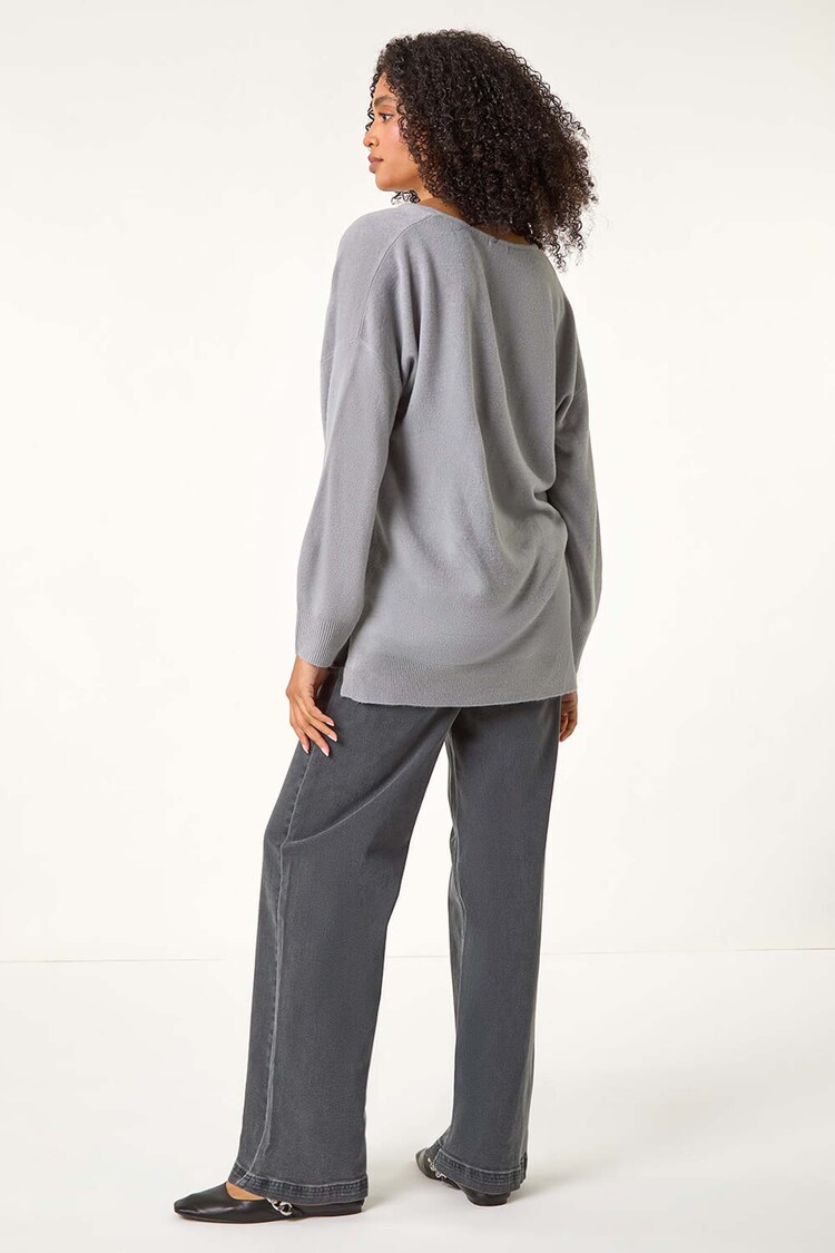 Roman Grey Soft V-Neck Side Split Knit collection Sweater - Image 2 of 5