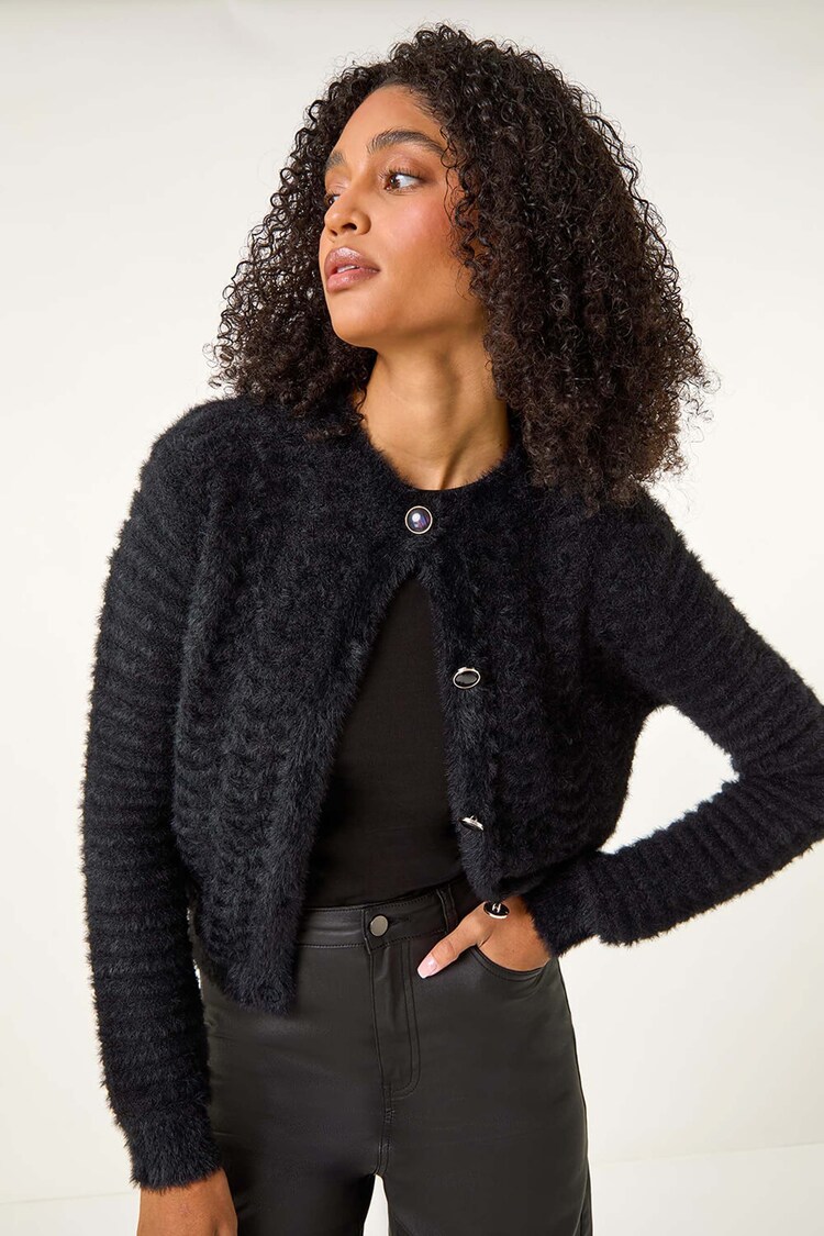 Roman Black Fluffy Knit Button Cardigan - Image 1 of 5