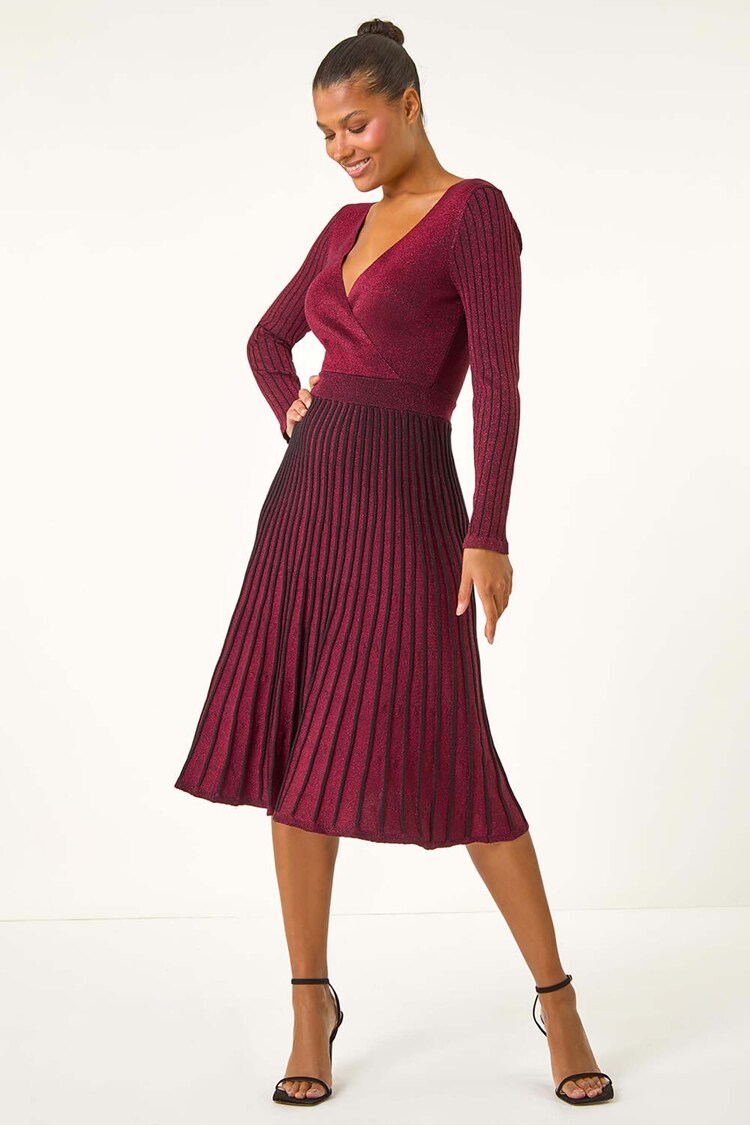 Roman Red Lurex Wrap Knitted Midi Dress - Image 2 of 5