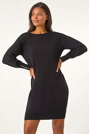 Roman Black Button Detail Slash Neck Knitted Stretch Jumper Dress - Image 2 of 5