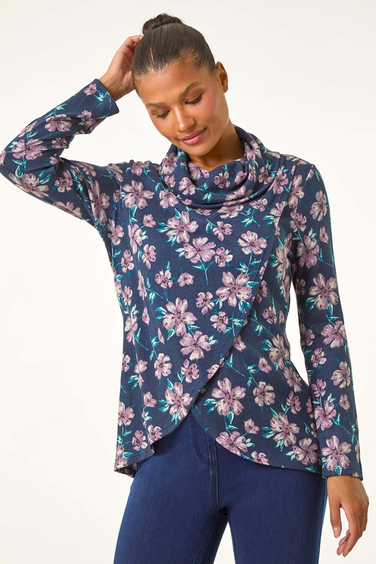 Roman Blue Cowl Neck Floral Snit Top - Image 2 of 5