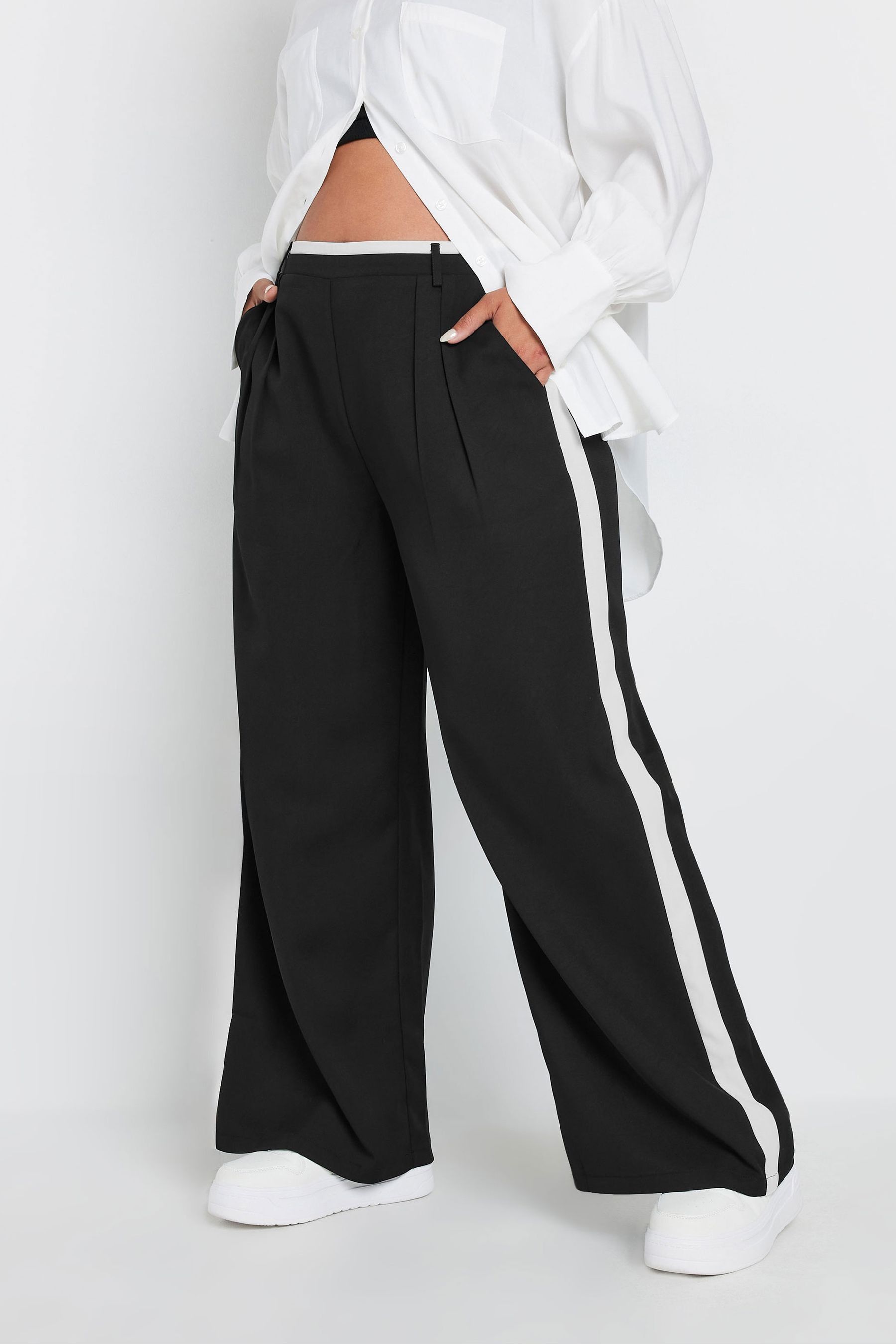 Yours Curve Black Side Stripe Wide Leg Trousers