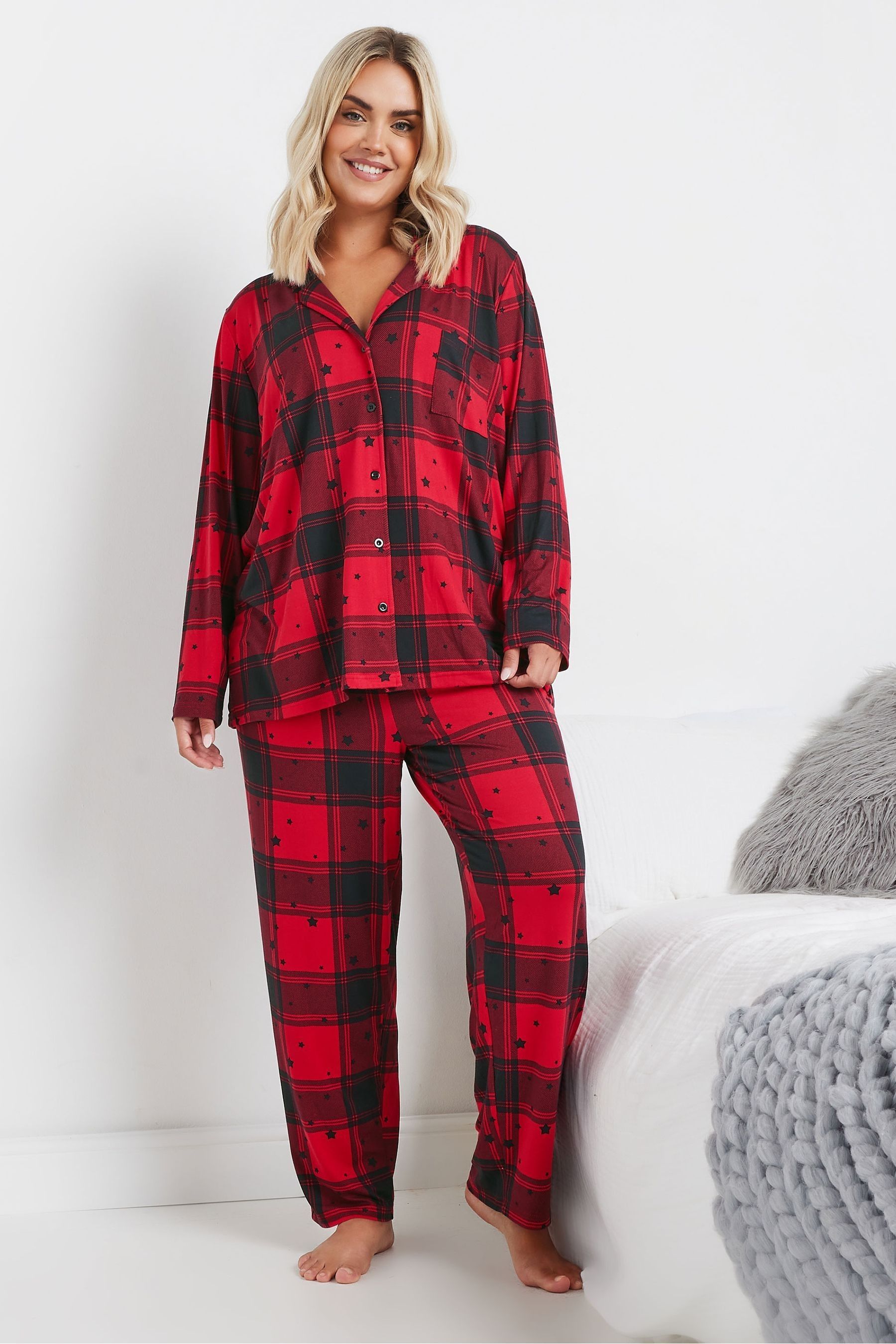 Yours Curve Red Soft Touch Star Check Pyjamas Set