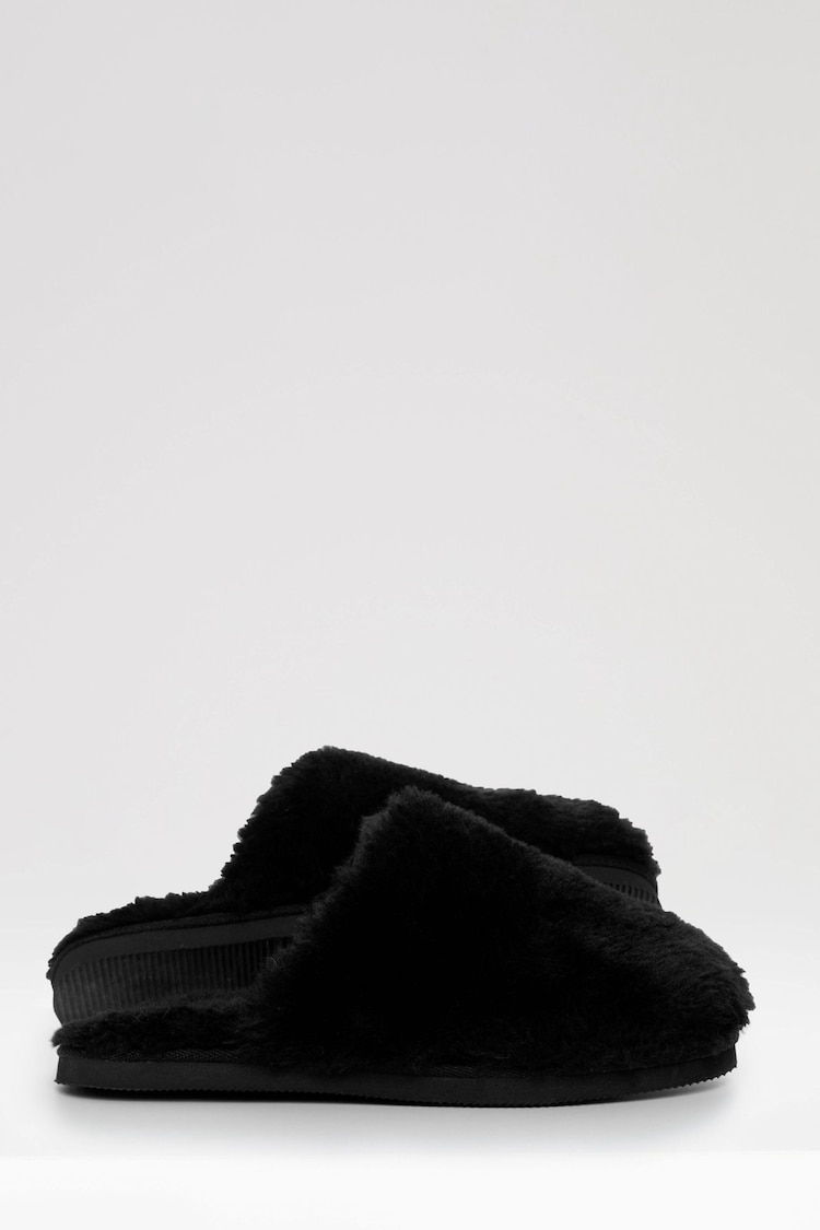 Threadbare Black Faux Fur Mule Slippers - Image 2 of 4