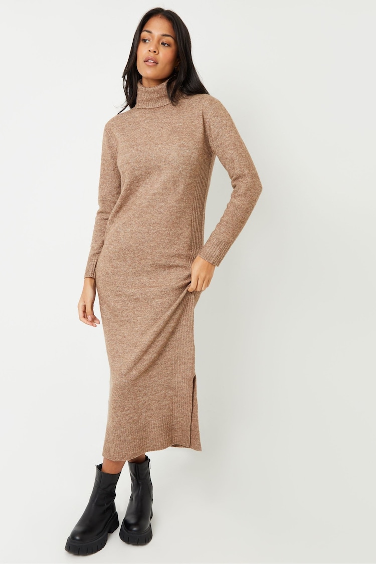 Threadbare Natural Roll Neck Knitted Maxi Dress - Image 4 of 4