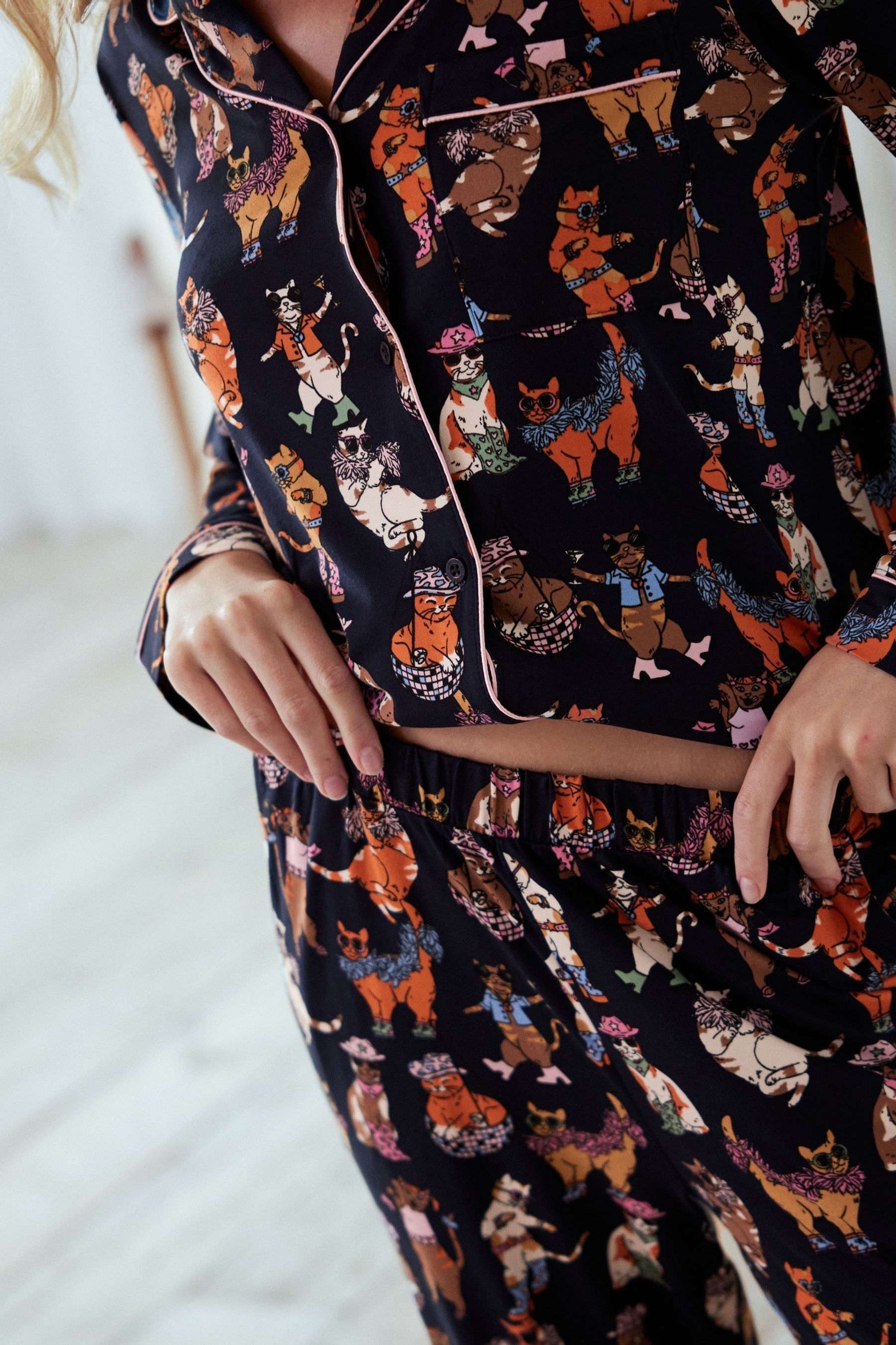 Buy Chelsea Peers Blue Disco Cats Print Long Pyjamas Set from Next Canada