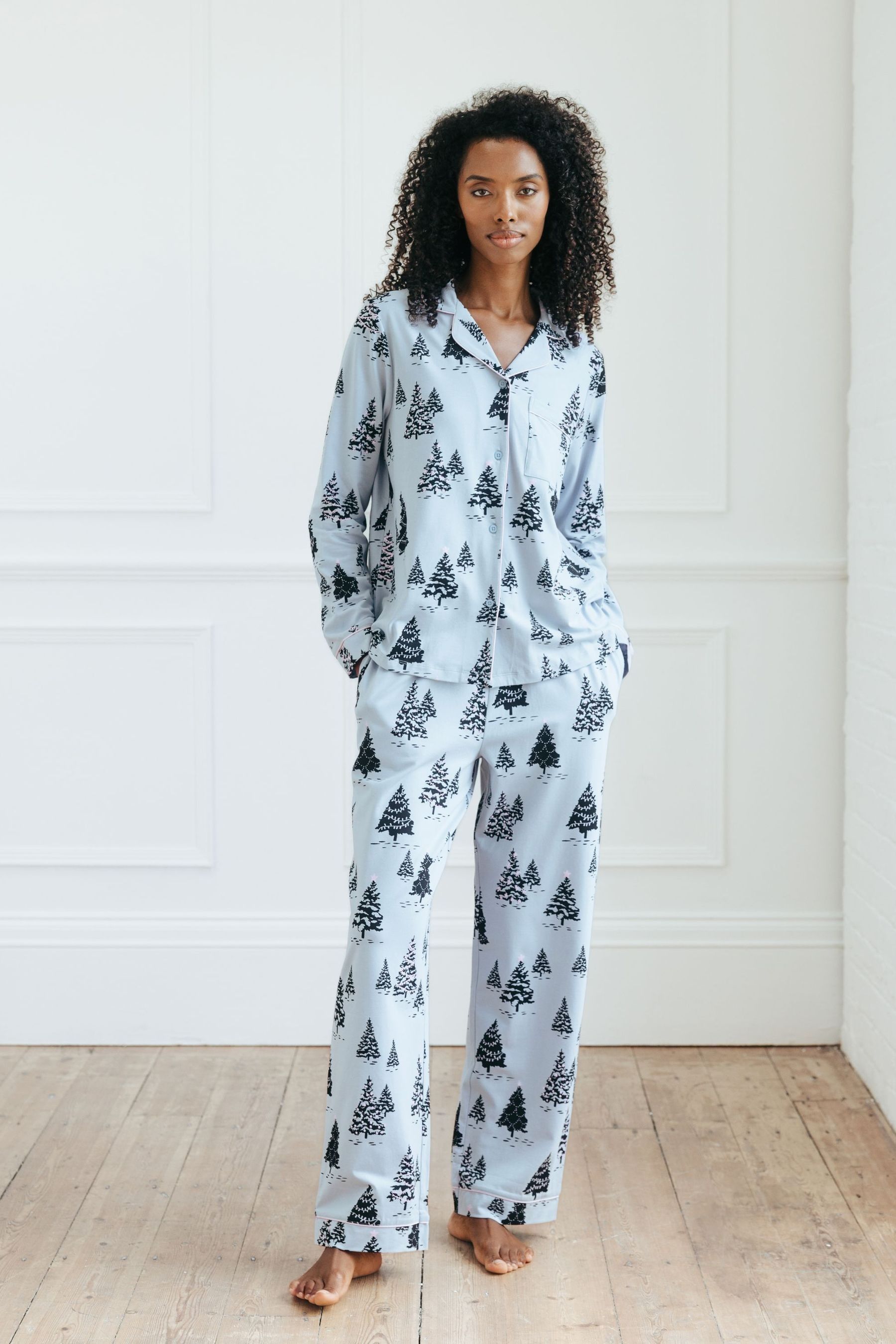 Chelsea Peers Blue Christmas Tree Print Long Pyjamas Set 12 Womens
