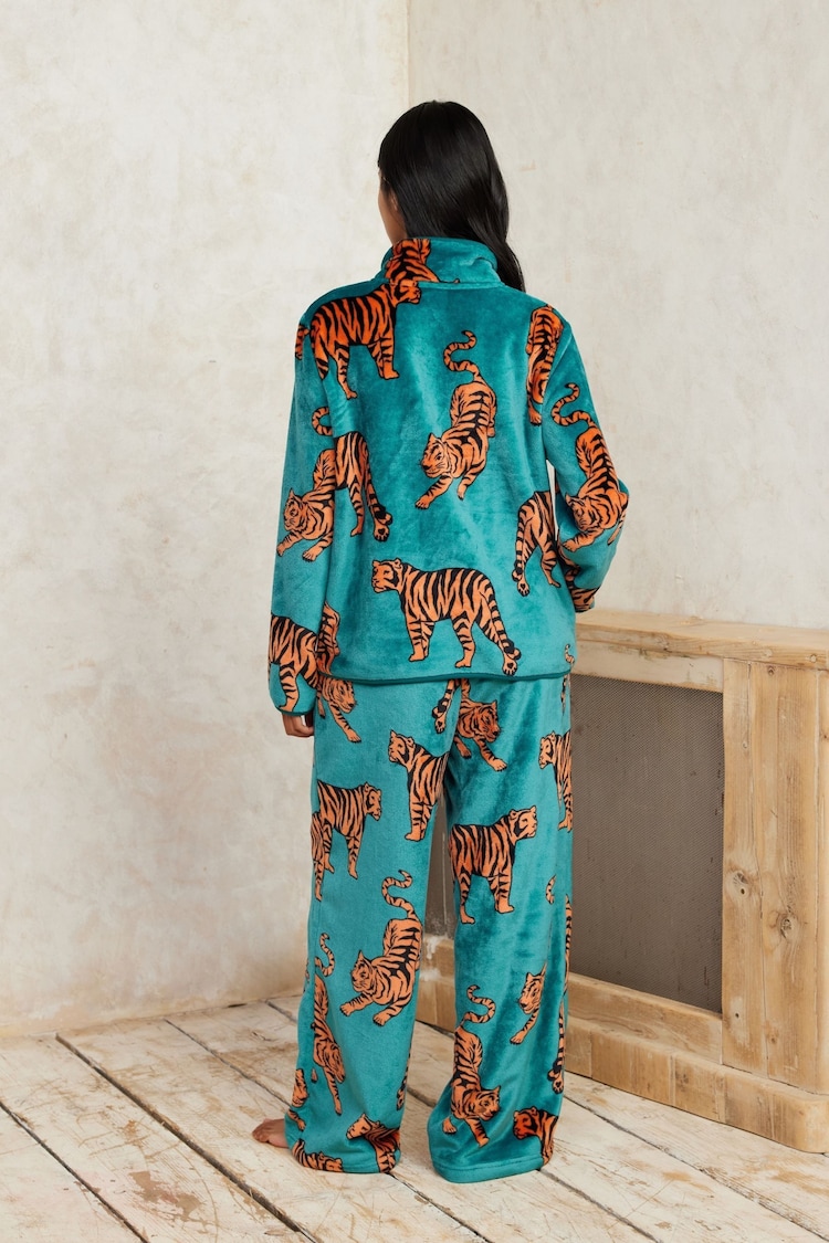 Chelsea Peers Blue Fleece Tiger Print Co-ord Jacket & Joggers Set - Image 1 of 5