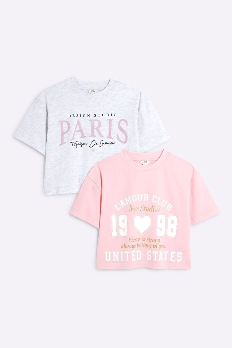 River Island Pink Girls Crop T-Shirt With 2 Pack - Image 1 of 4