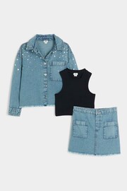 River Island Blue Girls 100% Cotton Diamante Shacket Skirt Set - Image 1 of 4