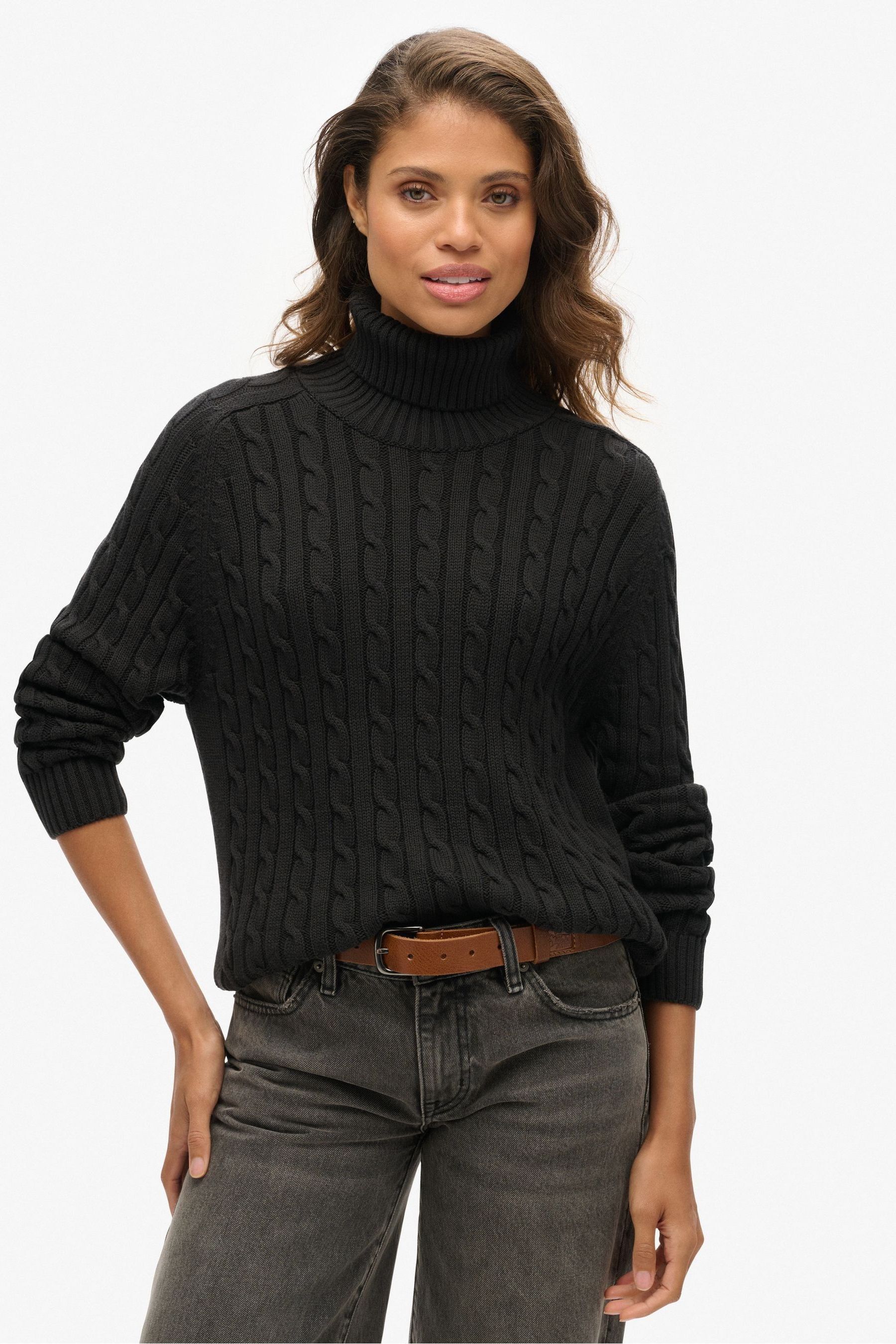 Buy Superdry Black Slouchy 100 Cotton Cable Roll Neck Jumper from Next Malta