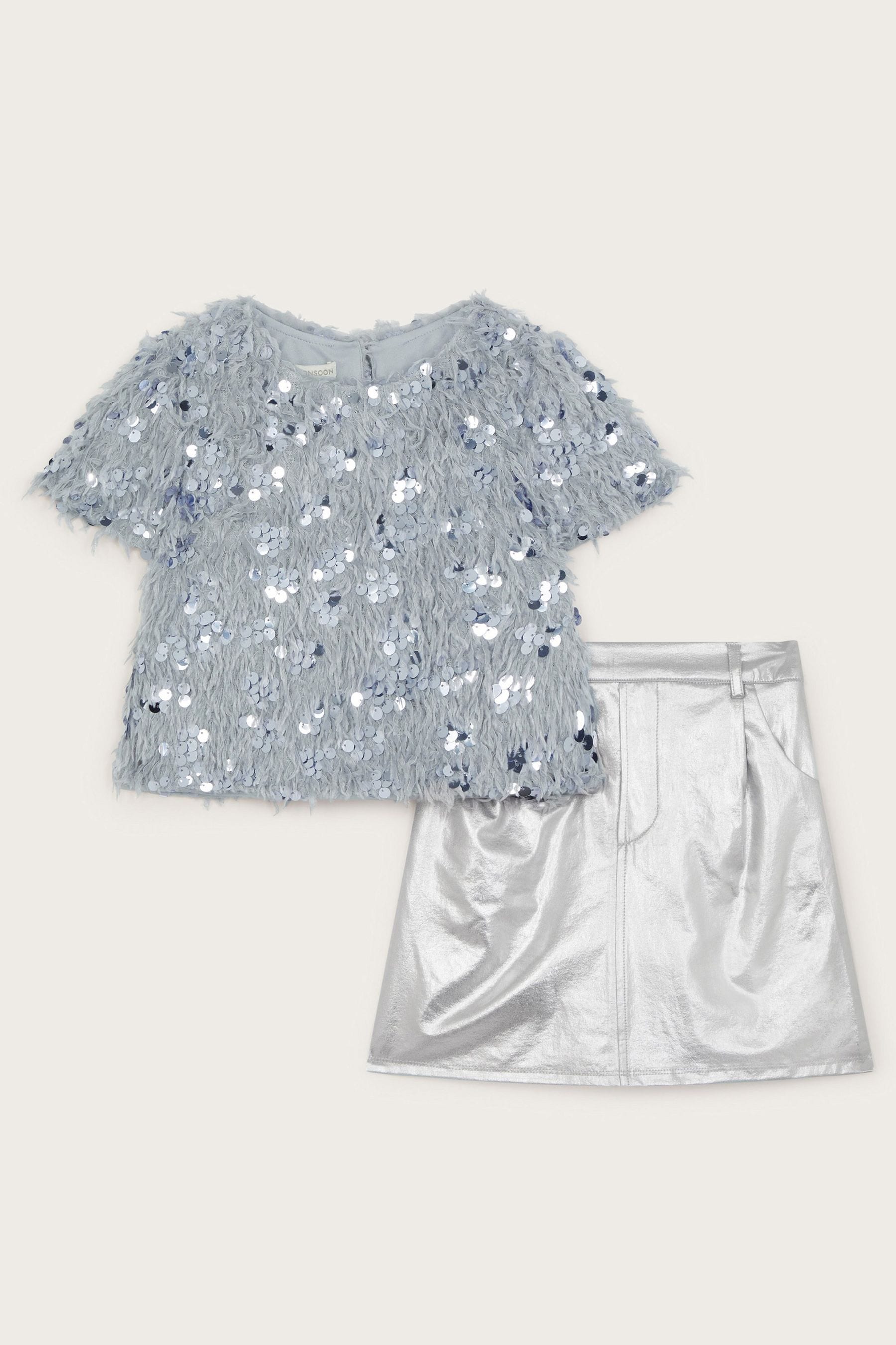 Buy Monsoon Silver Sequin Feathery T Shirt and Metallic Skirt Set from Next Luxembourg