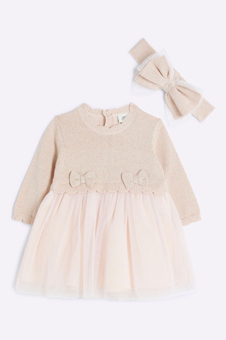 River Island Pink Baby Girls Knitted Mesh Dress Set - Image 1 of 4