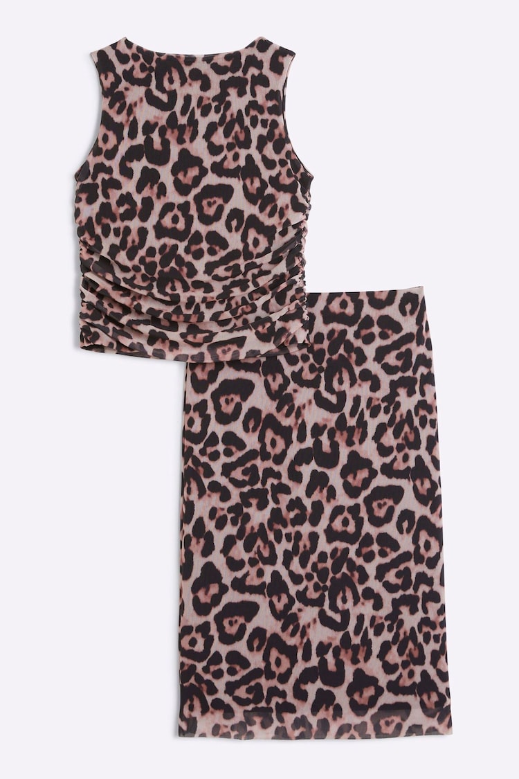 River Island Brown Girls Leopard Print Mesh Top and Skirt Set - Image 2 of 4