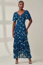 Jolie Moi Blue Angel Sleeve Tiered Hem Maxi Dress - Image 4 of 6