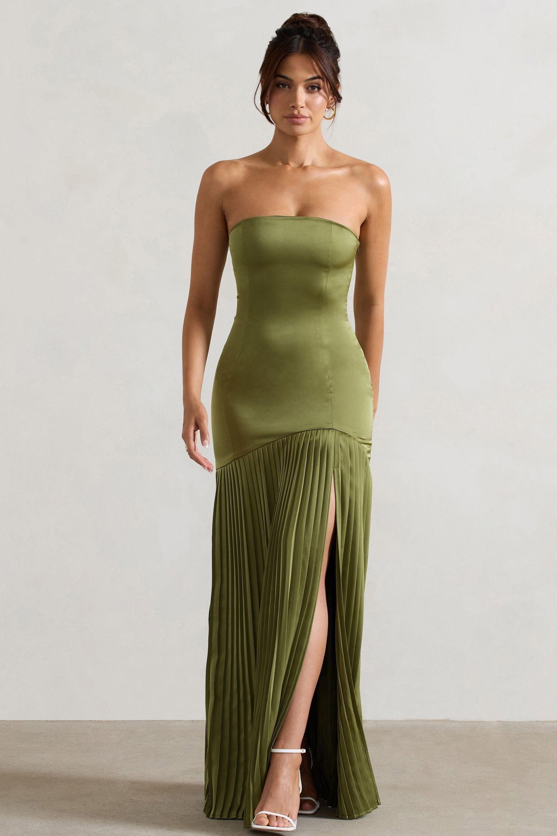 Buy Club L London Green Confidence Satin Bandeau Pleated Split Maxi Dress from Next Australia
