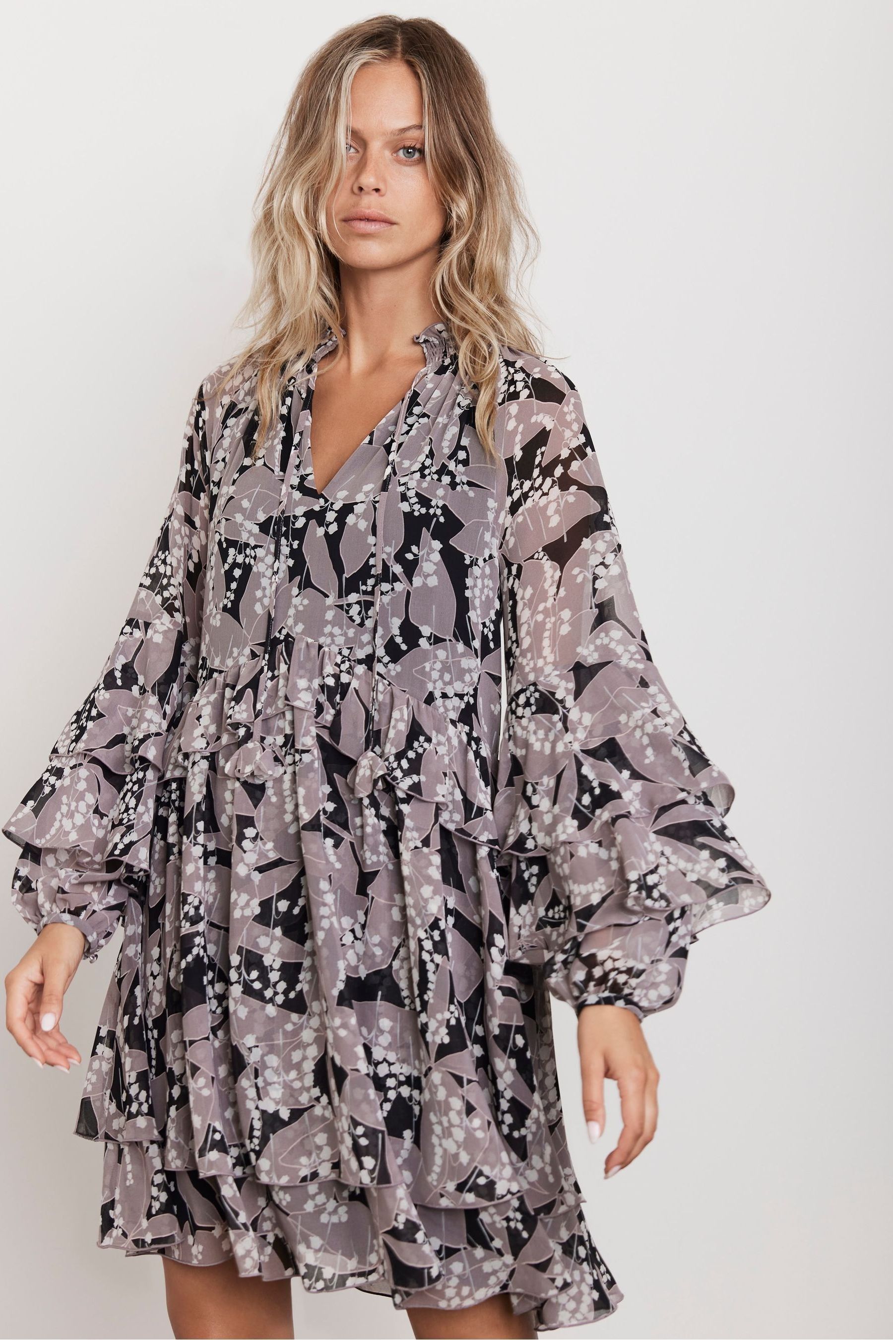 Buy Mint Velvet Grey Floral Print Ruffle Mini Dress from the Next UK online shop