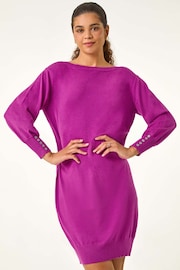 Roman Purple Button Detail Slash Neck Knitted Stretch Dress - Image 2 of 5