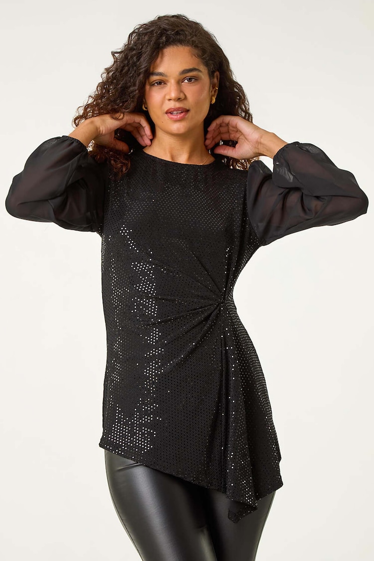 Roman Black Ruched Waist Sparkle Tunic Top - Image 1 of 5