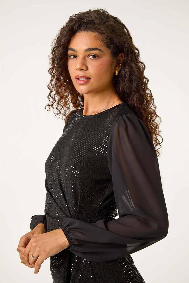 Roman Black Ruched Waist Sparkle Tunic Top - Image 2 of 5