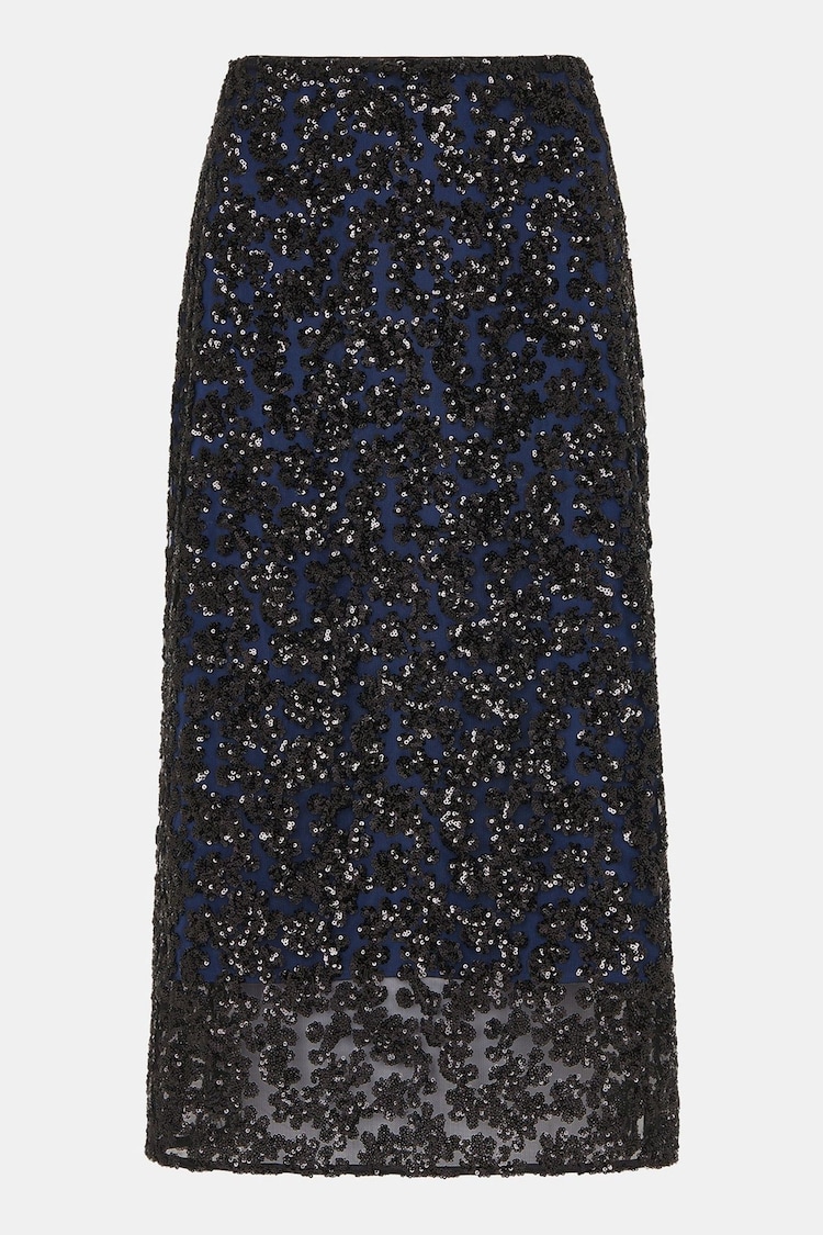 Whistles Black Petite Floral Sequin Midi Skirt - Image 5 of 5