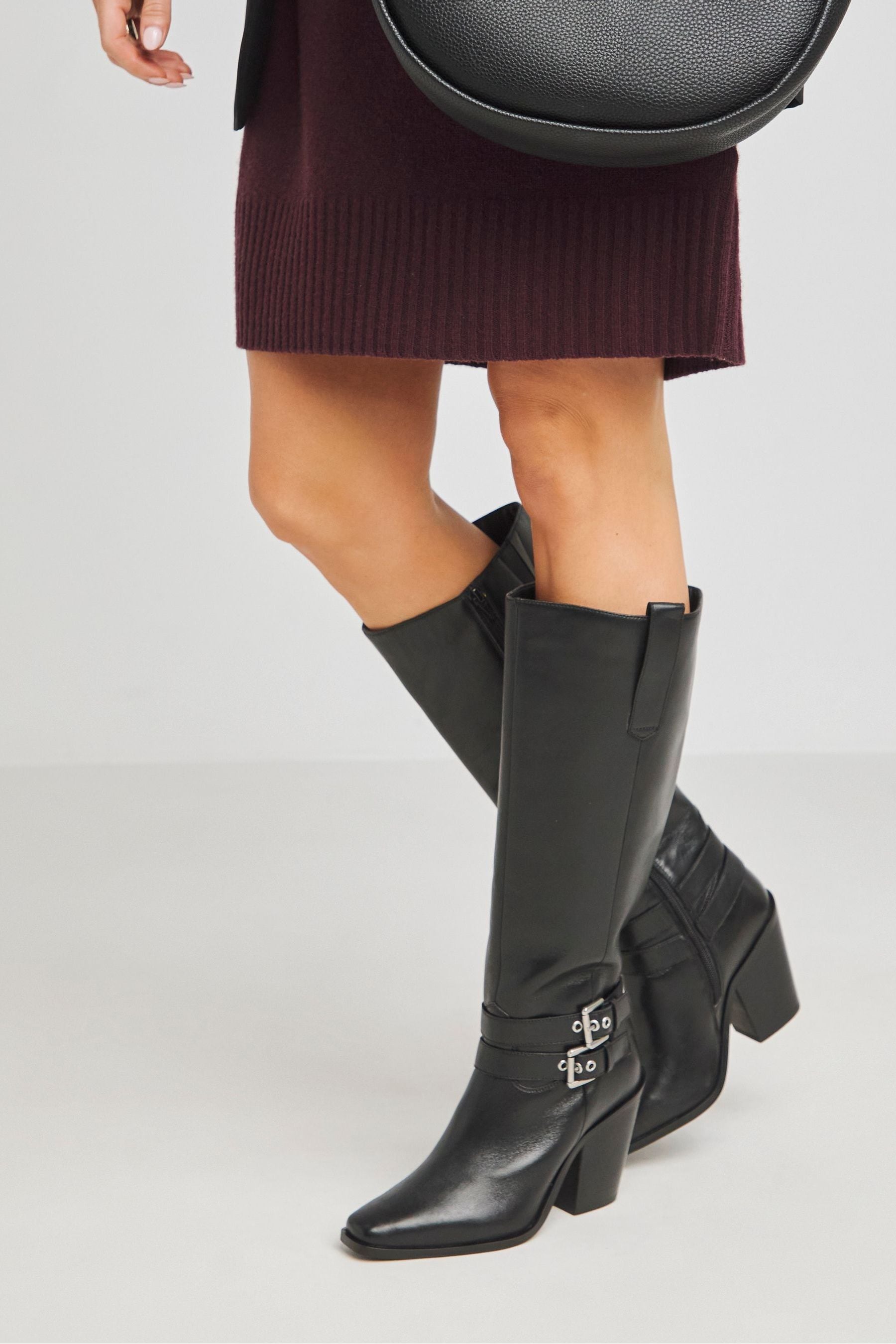 Simply Be Black Western Knee High Heeled Boots In Wide Fit