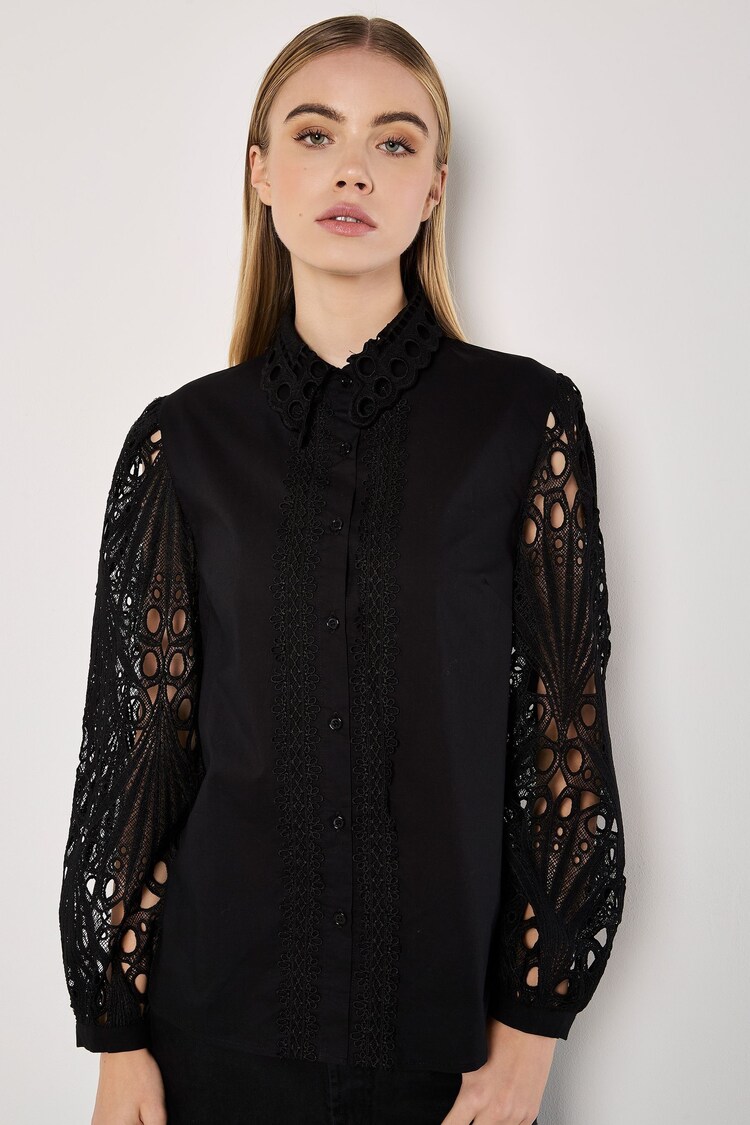 Apricot Black Lace Arm & Collar Poplin Shirt - Image 2 of 5