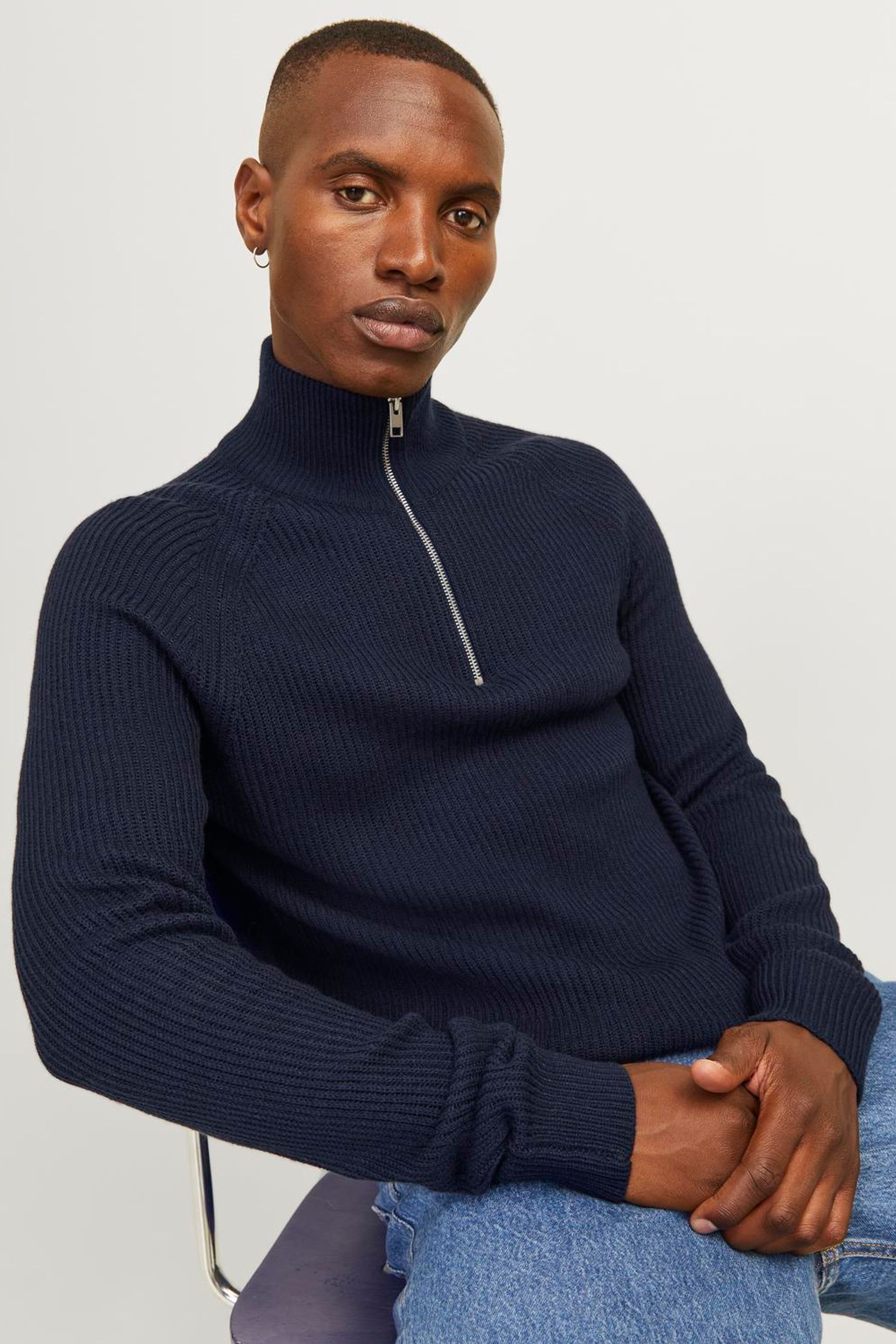 Buy JACK JONES Blue Quarter Zip Ribbed Knitted Jumper from the Next UK online shop