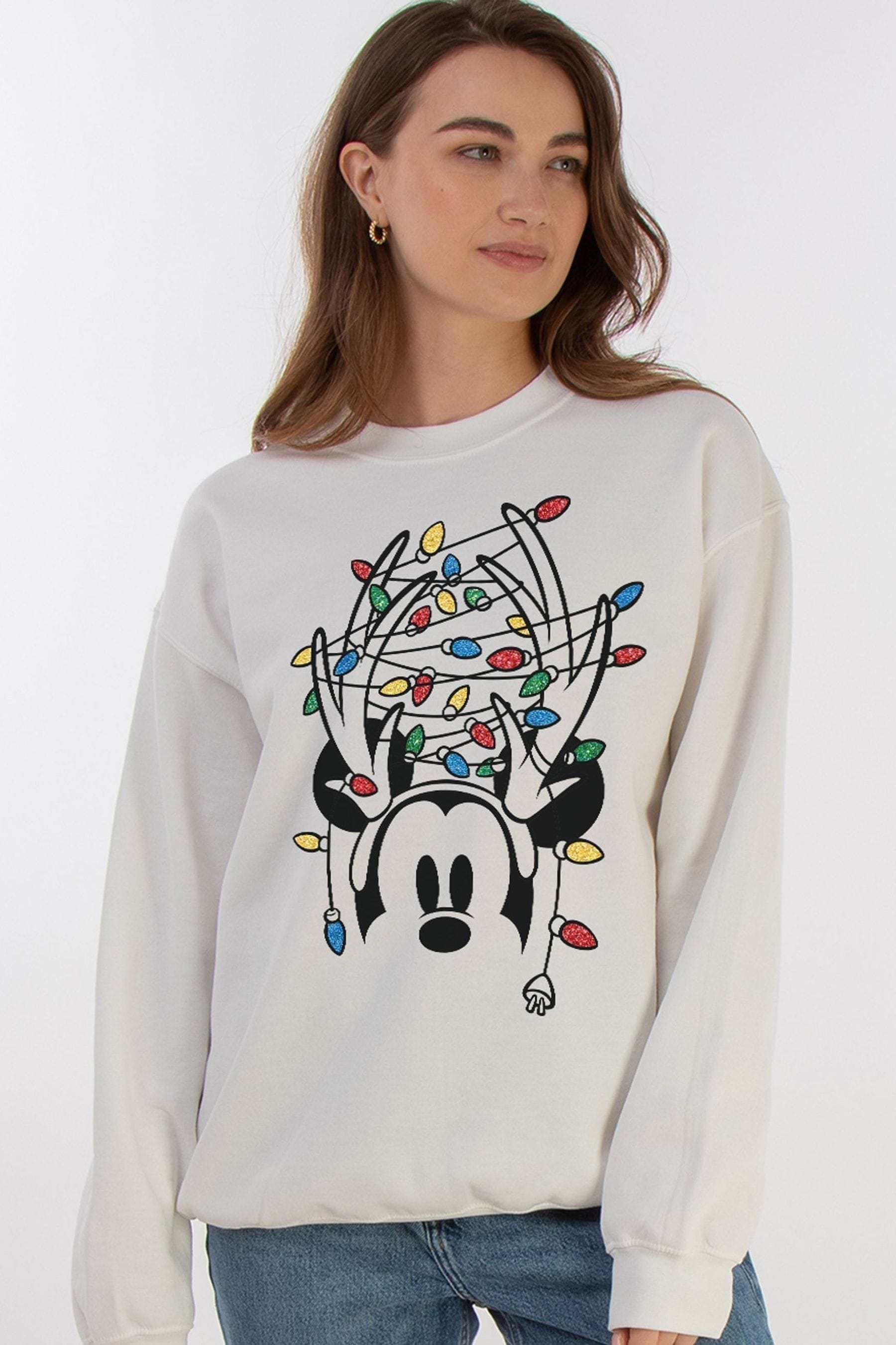 Brands In White Women Disney Mickey Mouse Christmas Lights Sweatshirt